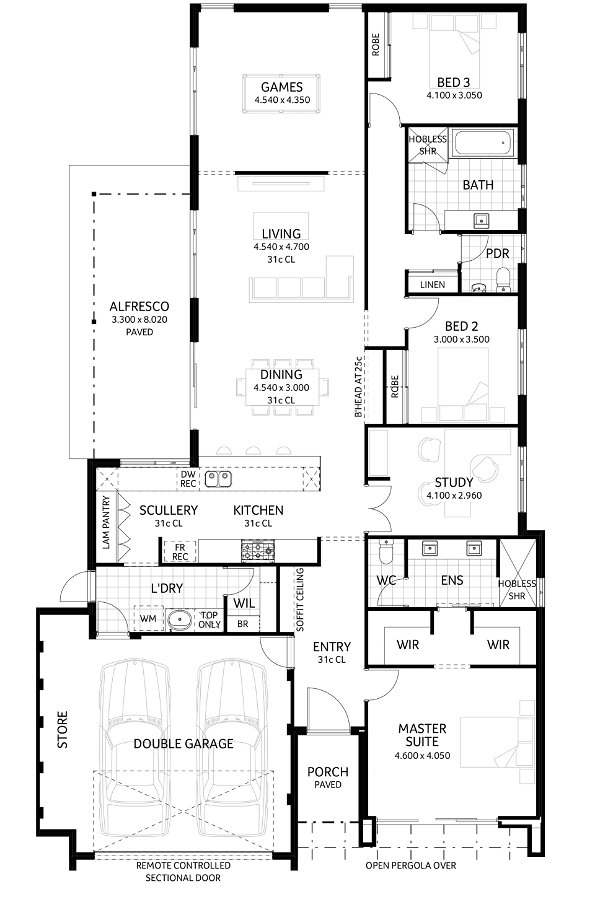 Plunkett Homes - Malibu | Mid-Century - Floorplan - Malibu Luxe Mid Century Marketing Plan Webjpg