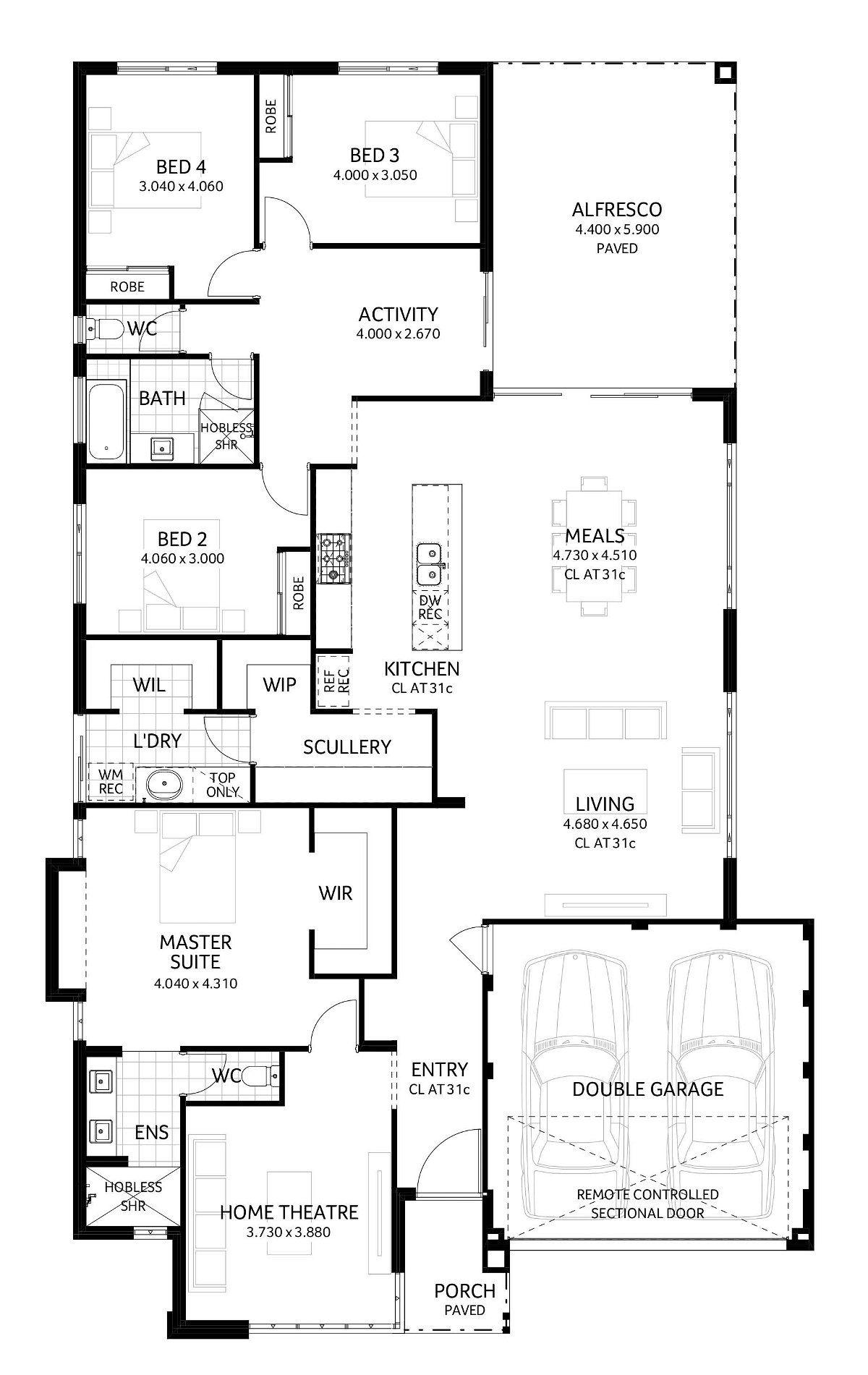 Plunkett Homes - Santana | Mid-Century - Floorplan - Santana Luxe Mid Century Marketing Plan Croppedjpg